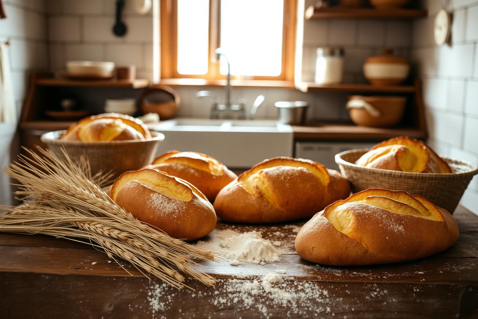 Pães bíblicos artesanais recém assados em mesa rústica